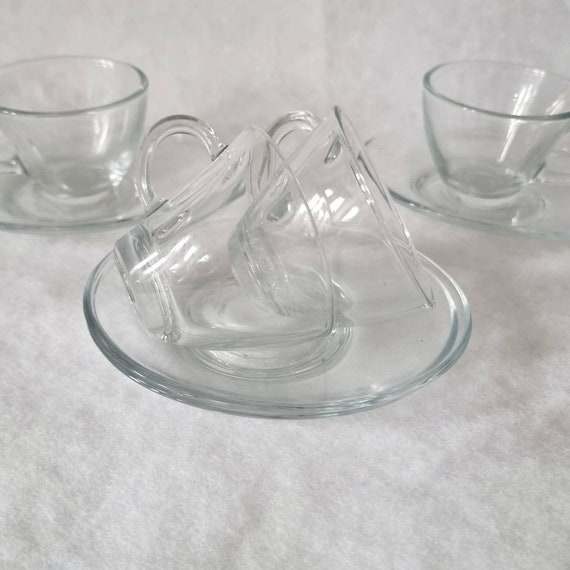 Vintage Clear Espresso Coffee Cup Set, Wavy Glass Espresso Cups & Saucers ,  Pasabahce Glass Espresso Cups and Saucers 