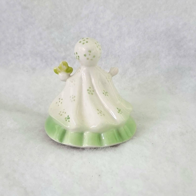 Vintage Kitsch Porcelain Girl Figurine, Green Dress Porcelain Mini Firgurine, Hooded Green Dress Porcelain Figure image 7