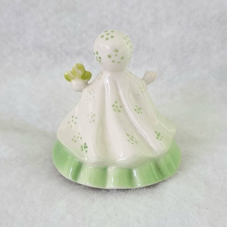 Vintage Kitsch Porcelain Girl Figurine, Green Dress Porcelain Mini Firgurine, Hooded Green Dress Porcelain Figure image 2