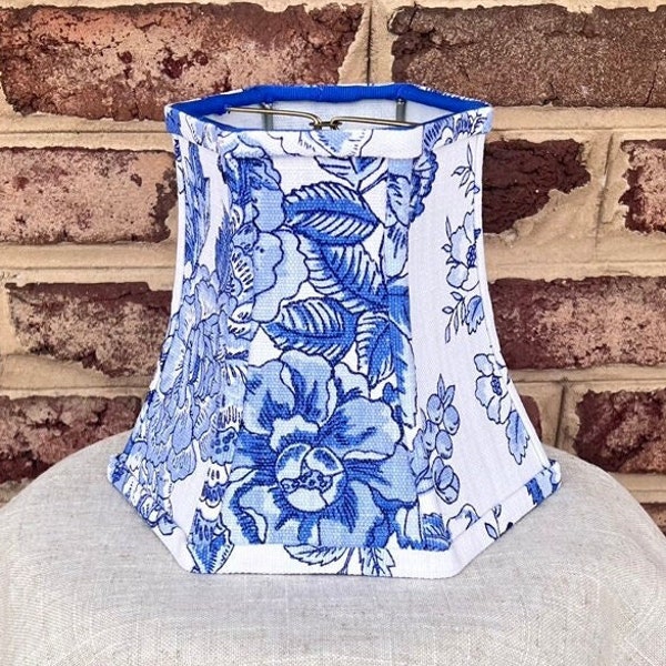 Floral Lampshade Blue White Bell Buffet Lamp Shade CLIP ON Vintage Fabric Cobalt Blue Shabby Chic Hex Bell Toile Handmade 5" x 8" x 7"