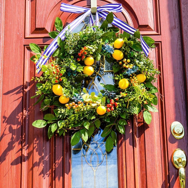 Lemons Blueberries and Crabapples Wreath, Summer Wreaths, Front Porch Wreaths, Yellow Lemons Wreath, Boxwood Wreath, Citrus Wreaths, Outdoor