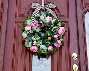 Spring Peony Wreath, Front Door Wreaths, Spring/Summer Wreath for Front Door, Pink and Teal Peony Wreaths, Spring Wreaths,  Silk flowers,