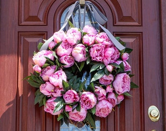 Spring Peony Wreath, Faux Pink Blooms, Front Door Decor