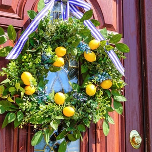 Lemons and Blueberries, Front Door Wreaths, Spring Wreaths, Yellow Lemons Wreath, Boxwood Wreaths, Summer, Wreath Sizes, Corporate Gifts