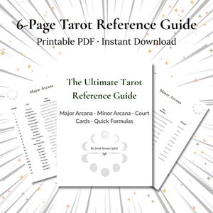 Könnte beinhalten: Ein 6-seitiger Tarot-Referenzleitfaden im druckbaren PDF-Format. Das Dokument trägt den Titel The Ultimate Tarot Reference Guide und umfasst große Arkana, kleine Arkana, Hofkarten und Kurzformeln sowie eine Grafik der Mondphasen von Small Stream Spirit.