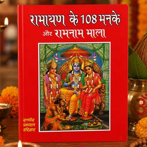 May include: A bright red hardback book titled in Hindi script with a central illustration depicting the Hindu deities Rama, Sita, Lakshmana, and Hanuman. The book cover features white text and a detailed, colourful religious artwork centred on the front.