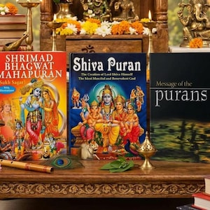 May include: Three books titled Shrimad Bhagwat Mahapuran, Shiva Puran, and Message of the Purans are displayed on a wooden surface. The first book features a colorful illustration of deities, the second shows Lord Shiva, and the third is black.