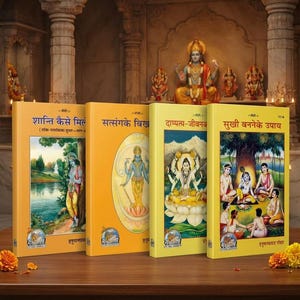 May include: Four yellow books with Hindi text and colorful illustrations of Hindu deities on the covers. The books feature depictions of figures in traditional attire, landscapes, and lotus flowers, with a small circular logo at the bottom left.