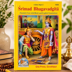 Może przedstawiać: Żółta książka w twardej oprawie zatytułowana Srimad Bhagavadgita with Sanskrit Text with Hindi and English Translation. Okładka zawiera kolorową ilustrację dwóch postaci w tradycyjnych strojach, z napisem Gita Press, Gorakhpur na dole.