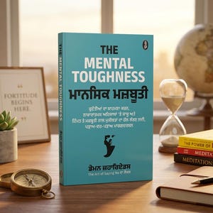May include: A light blue book titled The Mental Toughness with text in English and Punjabi. The cover features a black silhouette of a face, the author name, and a subtitle. The book stands upright on a wooden surface among other desk items.