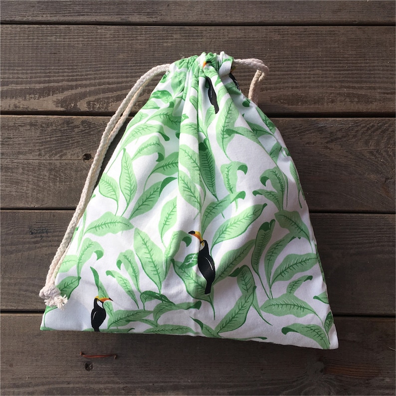3pcs Cotton Twill Drawstring Pouch Party Gift Bag Print Green Leaf Big Mouth Black Bird YILE P17