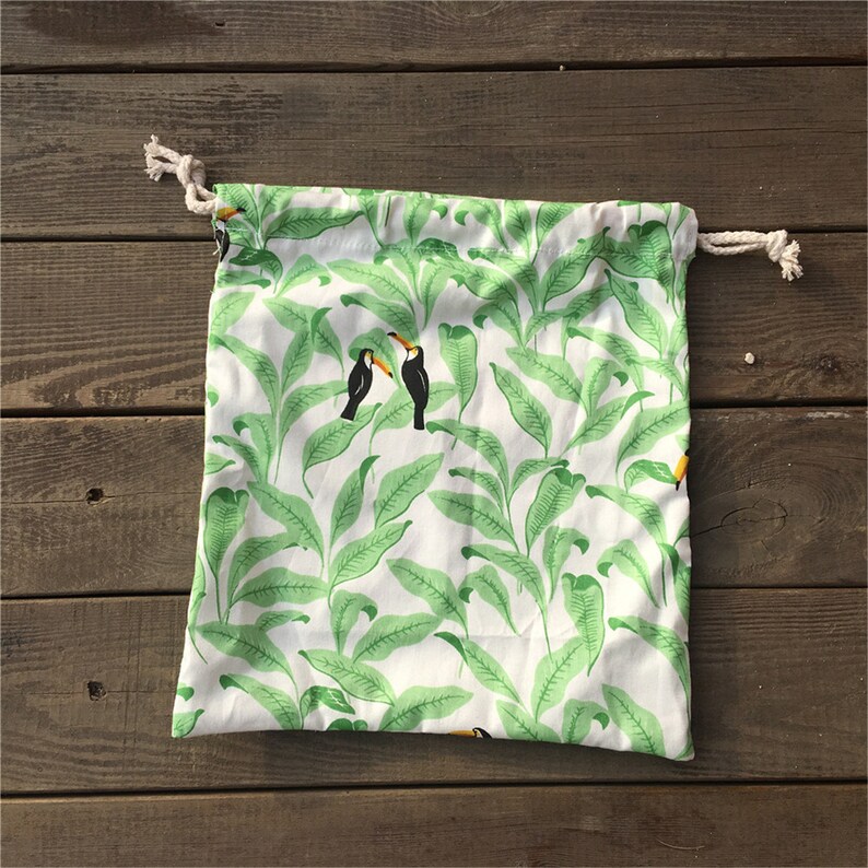 3pcs Cotton Twill Drawstring Pouch Party Gift Bag Print Green Leaf Big Mouth Black Bird YILE P17