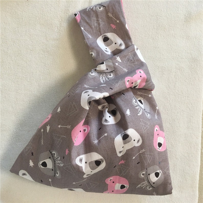 Cotton Twill Wrap Knot Wrist Bag Key Phone Wristlet Pouch Pink Gray Bear Head W21
