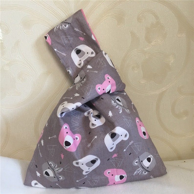 Cotton Twill Wrap Knot Wrist Bag Key Phone Wristlet Pouch Pink Gray Bear Head W21