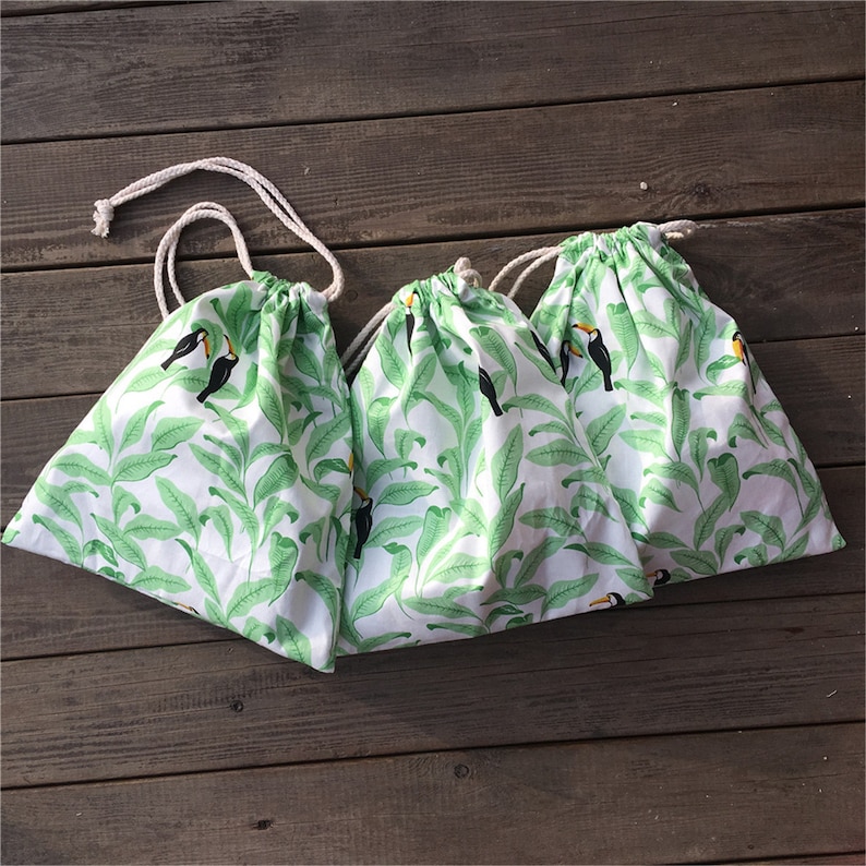 3pcs Cotton Twill Drawstring Pouch Party Gift Bag Print Green Leaf Big Mouth Black Bird YILE P17