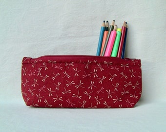 pencils case with dragonflies, zip cotton pouch