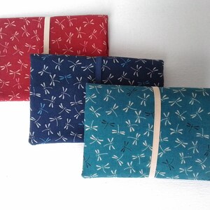 tobacco pouch with dragonflies motif on red or blue or turquoise, zip cotton wallet