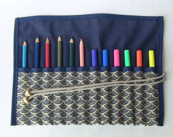 pencils rollup case with blue waves pattern