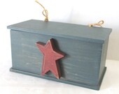 Vintage Primitive Box With Star Jute Rope Hinges for Lid Country Rustic Decor Red Blue