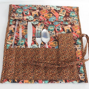 Coffee Print Roll Up Zero Waste Travel Utensil Pouch