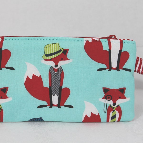 Organizer Lined Zippered Pouch 4.5" x 8" Foxes in Aqua and Red Pencil Pouch Makeup Bag Holder  free shipping