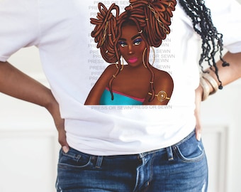 May include: A white t-shirt with a graphic of a woman with brown dreadlocks and gold hoop earrings. The text "PRESS OR SEWNPRESS OR SEWN" is repeated on the shirt.
