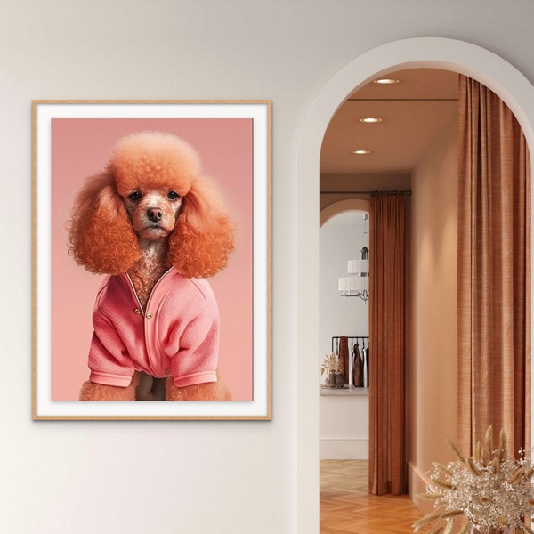 Art mural de photographie de chien. Des chiens à la mode dans des tenues de style Chanel, Hermès et YSL. Disponible sur Plexiglas, Dibond, Poster ou fichier numérique.