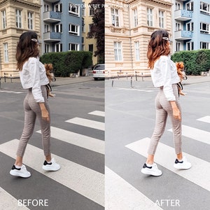 May include: A woman wearing a white cropped shirt, plaid pants, and white sneakers walks across a crosswalk with a small dog. The woman is wearing sunglasses and has long brown hair.