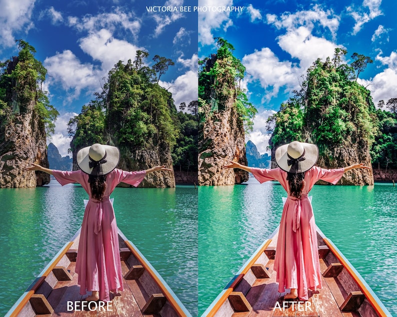 May include: A woman in a pink dress and a white sun hat stands in a longtail boat on a turquoise lake. The boat is surrounded by lush green trees and towering rock formations. The sky is blue with white clouds.