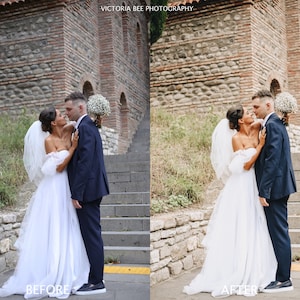 Puede incluir: Una novia y un novio se besan frente a un edificio de piedra. La novia lleva un vestido blanco y un velo. El novio lleva un traje oscuro. La pareja est&aacute; de pie en una escalera.
