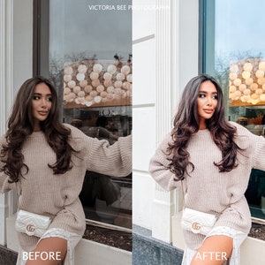 May include: A woman wearing a beige sweater and white skirt poses in front of a storefront window. She is carrying a white quilted handbag with a gold chain strap. The text "BEFORE" is written below the image on the left side.