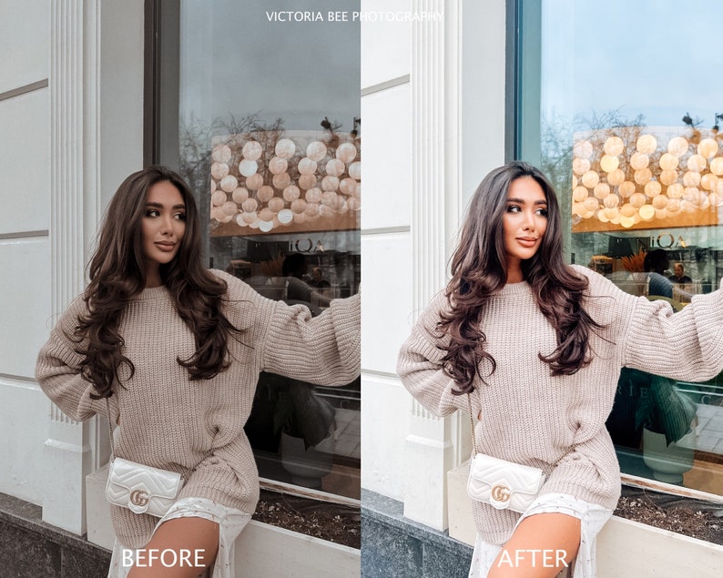 May include: A woman wearing a beige sweater and white skirt poses in front of a storefront window. She is carrying a white quilted handbag with a gold chain strap. The text "BEFORE" is written below the image on the left side.