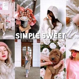 May include: A collage of images featuring a variety of subjects, including a woman wearing a white hat and sweater, a cup of coffee, a pink candle, a small dog, and a woman wearing a pink hat and shirt. The text "SIMPLE SWEET" is displayed in the center of the collage.