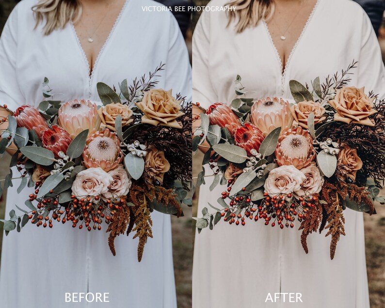 Puede incluir: Una novia sostiene un ramo de flores de varios colores, incluyendo rosa, rojo, naranja y verde. El ramo incluye proteas, rosas y eucalipto.