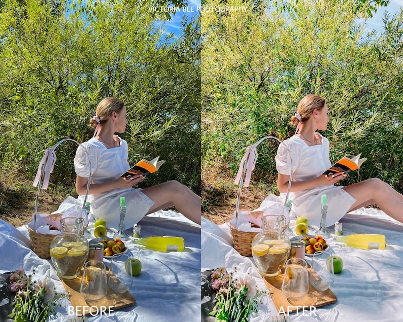 Puede incluir: Una mujer est&aacute; sentada en una manta blanca en un &aacute;rea cubierta de hierba, leyendo un libro. Lleva un vestido blanco y tiene una cinta rosa en el pelo. Hay vasos de limonada, una jarra de limonada y una botella de limonada en la manta. Tambi&eacute;n hay manzanas y melocotones en la manta. La imagen est&aacute; dividida en dos secciones, con el lado izquierdo mostrando la escena antes de la edici&oacute;n y el lado derecho mostrando la escena despu&eacute;s de la edici&oacute;n.
