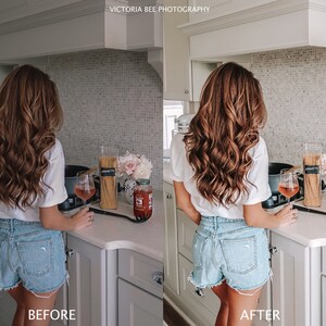 Pode incluir: Uma mulher com uma camisa branca e shorts jeans est&aacute; em uma cozinha, segurando uma ta&ccedil;a de vinho. Atr&aacute;s dela, no balc&atilde;o, h&aacute; potes de macarr&atilde;o, uma panela e um pote de molho de tomate. O texto "BEFORE" est&aacute; na parte inferior esquerda da imagem e "AFTER" na parte inferior direita.