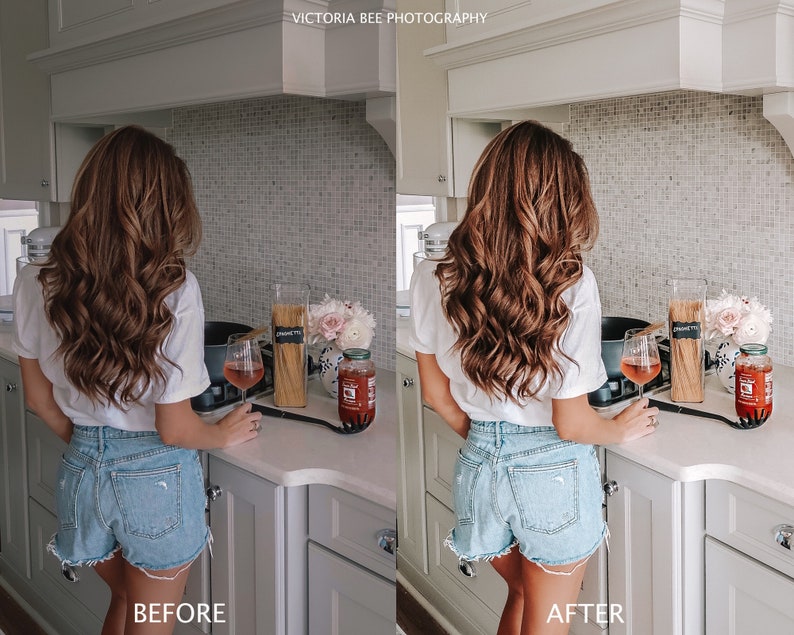 Pode incluir: Uma mulher com uma camisa branca e shorts jeans est&aacute; em uma cozinha, segurando uma ta&ccedil;a de vinho. Atr&aacute;s dela, no balc&atilde;o, h&aacute; potes de macarr&atilde;o, uma panela e um pote de molho de tomate. O texto "BEFORE" est&aacute; na parte inferior esquerda da imagem e "AFTER" na parte inferior direita.