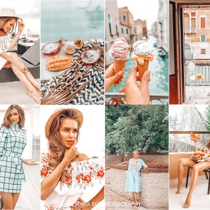 May include: A collage of images featuring a woman in various summer outfits, including a white off-the-shoulder dress, a blue gingham dress, and a white off-the-shoulder top with floral embroidery. The images also include a variety of summery details, such as ice cream cones, fruit, and a view of a canal in Venice, Italy.