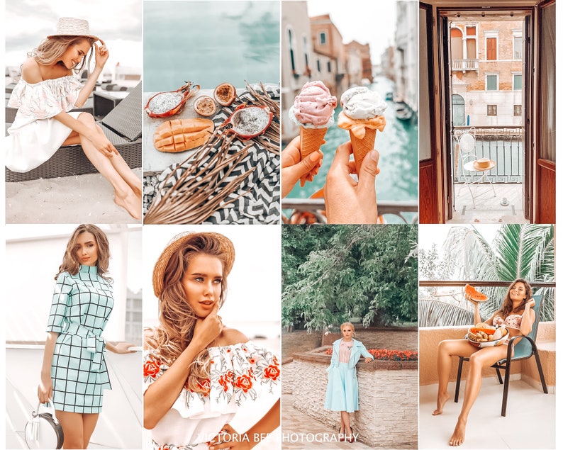May include: A collage of images featuring a woman in various summer outfits, including a white off-the-shoulder dress, a blue gingham dress, and a white off-the-shoulder top with floral embroidery. The images also include a variety of summery details, such as ice cream cones, fruit, and a view of a canal in Venice, Italy.