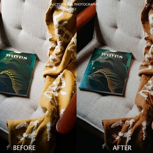May include: A close-up of a magazine with the word "Waves" on the cover. The magazine is lying on a light gray armchair with a yellow and white throw blanket draped over it. The image shows the difference between a before and after photo edit.