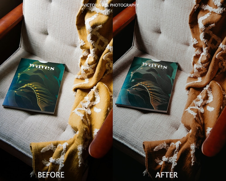 May include: A close-up of a magazine with the word "Waves" on the cover. The magazine is lying on a light gray armchair with a yellow and white throw blanket draped over it. The image shows the difference between a before and after photo edit.