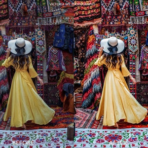 May include: A woman wearing a yellow dress and a white hat with a black ribbon stands in front of a wall of colorful rugs. The text "VICTORIA BEE PHOTOGRAPHY" is visible at the top of the image.