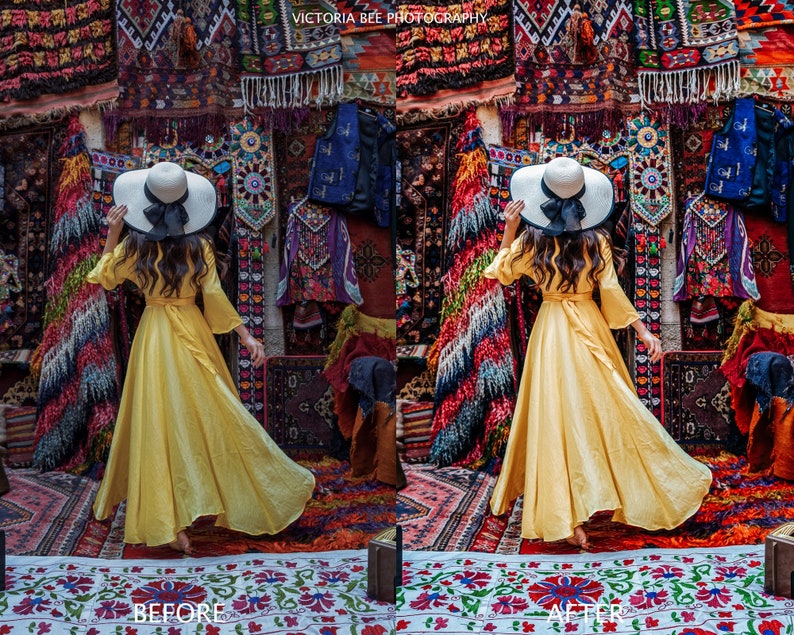 May include: A woman wearing a yellow dress and a white hat with a black ribbon stands in front of a wall of colorful rugs. The text "VICTORIA BEE PHOTOGRAPHY" is visible at the top of the image.
