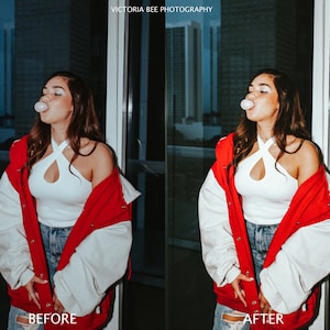 May include: A woman wearing a white halter top and a red and white varsity jacket. She is blowing a bubble with bubble gum. The image is split into two sections, with the left side showing the woman before editing and the right side showing the woman after editing.