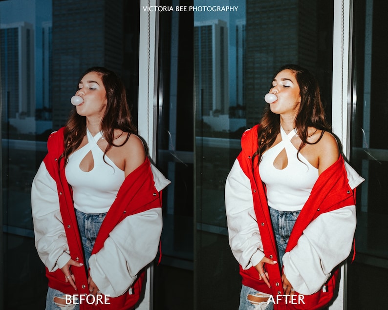 May include: A woman wearing a white halter top and a red and white varsity jacket. She is blowing a bubble with bubble gum. The image is split into two sections, with the left side showing the woman before editing and the right side showing the woman after editing.