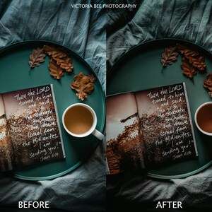 May include: A green tray with a book and a cup of coffee on it. The book has a passage from the Bible written on it. The tray is surrounded by autumn leaves.