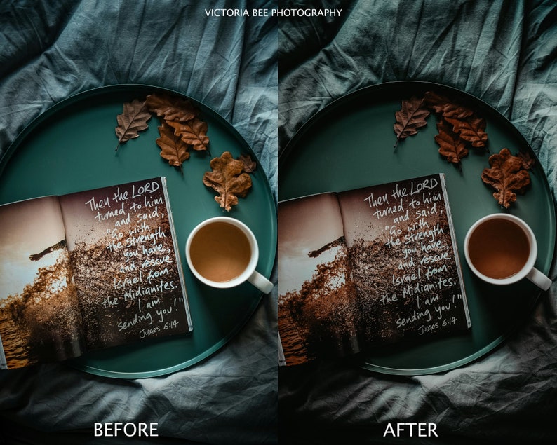 May include: A green tray with a book and a cup of coffee on it. The book has a passage from the Bible written on it. The tray is surrounded by autumn leaves.