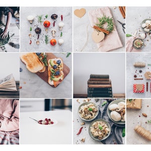 May include: A collage of images featuring various food items, books, and decorative elements. The images include a plate of mushrooms, a sandwich with avocado and blueberries, a stack of books, a bowl of cereal with raspberries, and a plate of risotto with mushrooms.