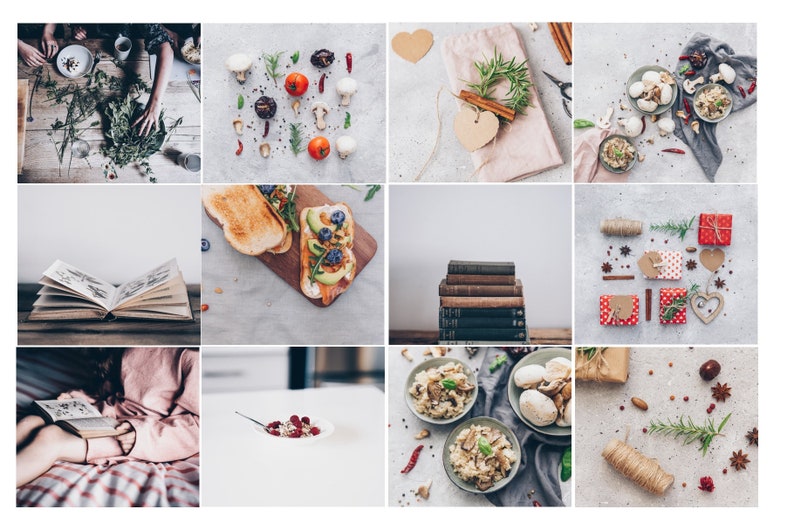 May include: A collage of images featuring various food items, books, and decorative elements. The images include a plate of mushrooms, a sandwich with avocado and blueberries, a stack of books, a bowl of cereal with raspberries, and a plate of risotto with mushrooms.