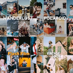 May include: A collage of 15 different Lightroom presets for desktop and mobile. The presets are categorized as Wanderlust, Polaroid, Flash Film, and Vintage Look. Each preset features a different color scheme and filter effect.